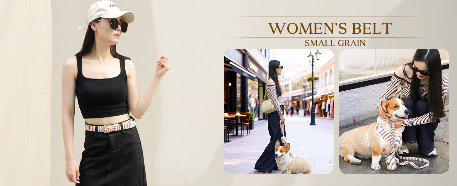 Woman walking her dog wearing leopard print matching dog and owner accessories designed as one coordinated system