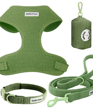 Sweater  khaki green dog harness, leash, and collar set with 'BoboTails' branding on a white background.
