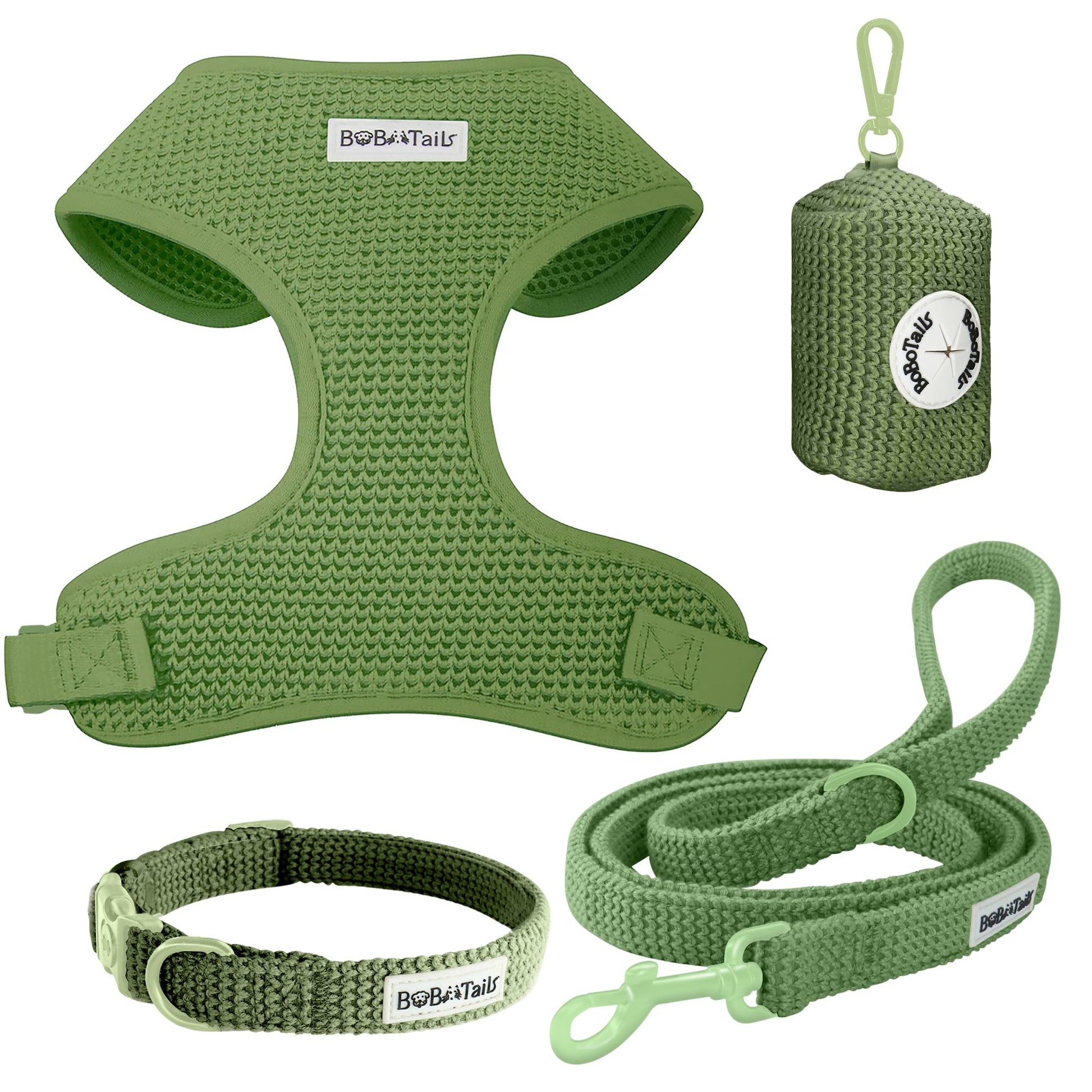 Sweater  khaki green dog harness, leash, and collar set with 'BoboTails' branding on a white background.