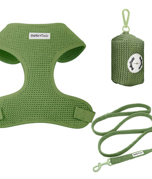 kakhi green  sweater knit dog harness, leash, and pouch set with visible brand logo on a white background