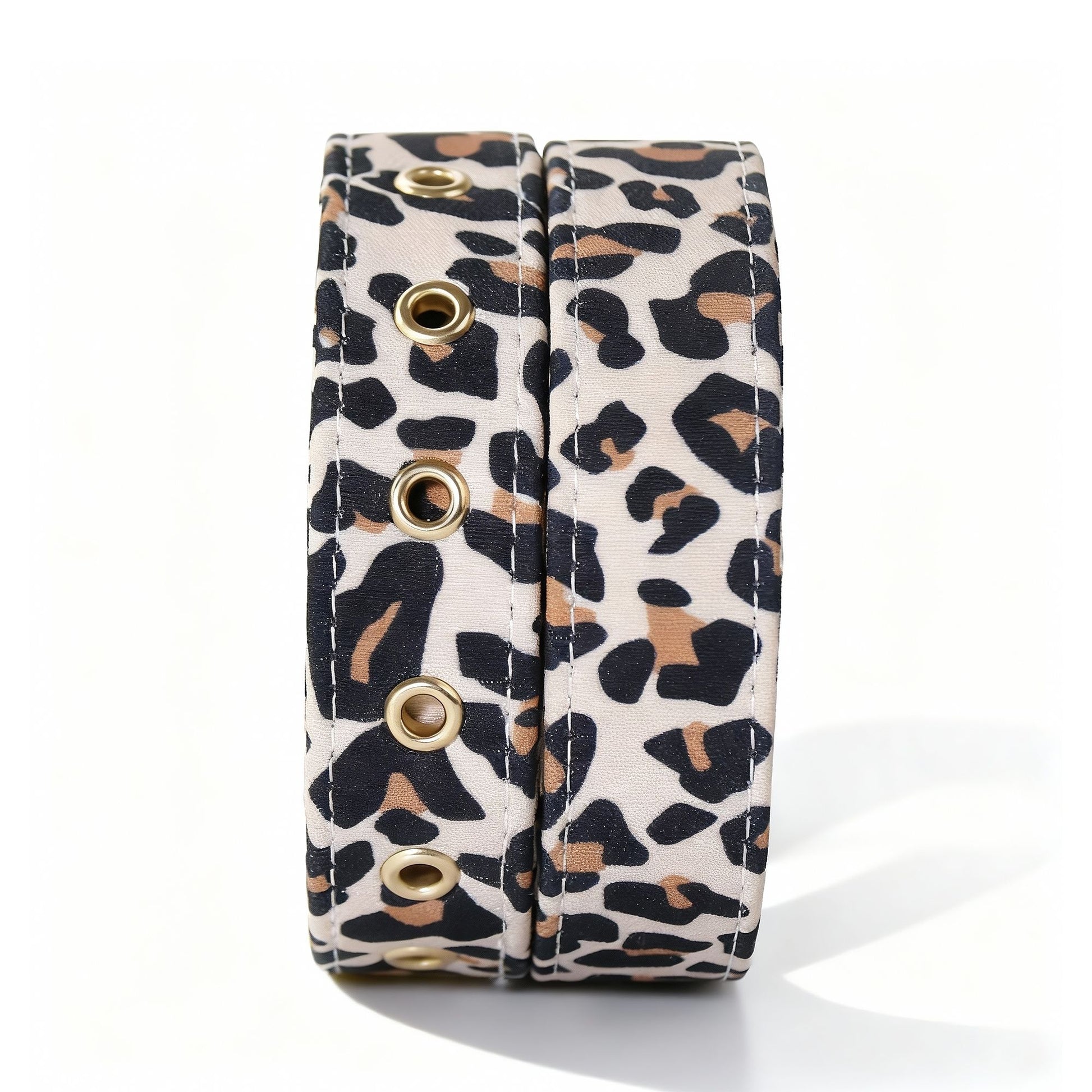 side view women's leopard belt showing fit and comfort within a coordinated dog and owner matching system